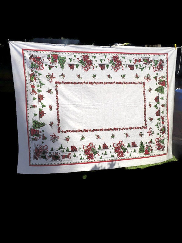 Vintage Christmas Tablecloth White Cotton 69"x54"