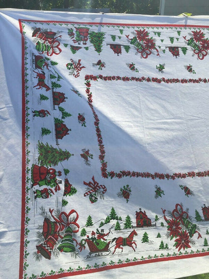 Vintage Christmas Tablecloth White Cotton 69"x54"