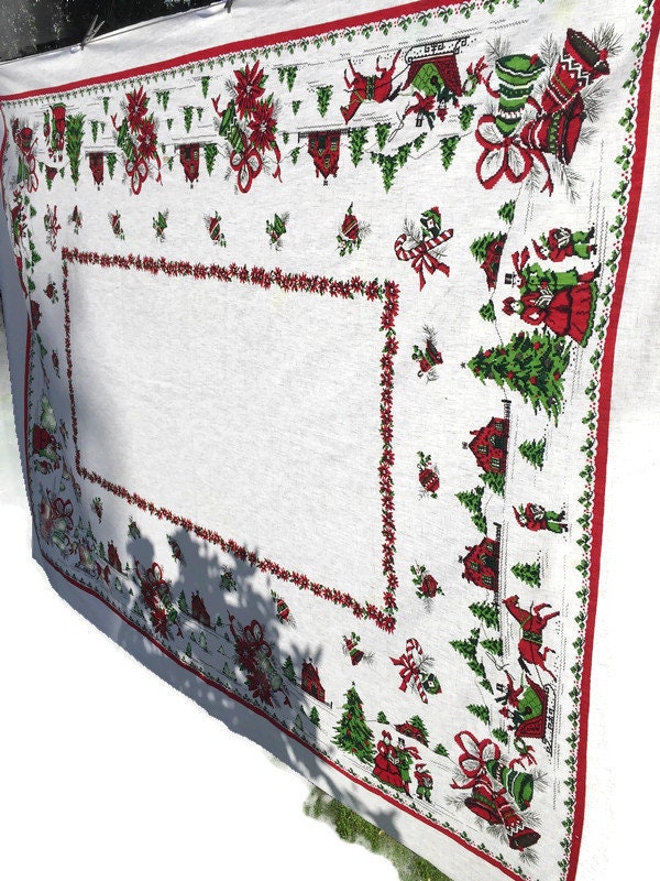 Vintage Christmas Tablecloth White Cotton 69"x54"