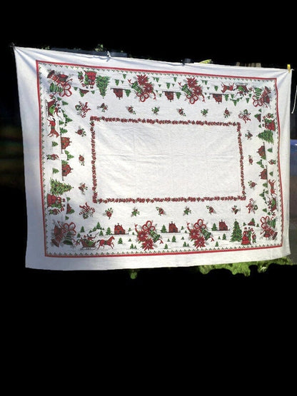 Vintage Christmas Tablecloth White Cotton 69"x54"