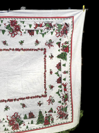 Vintage Christmas Tablecloth White Cotton 69"x54"