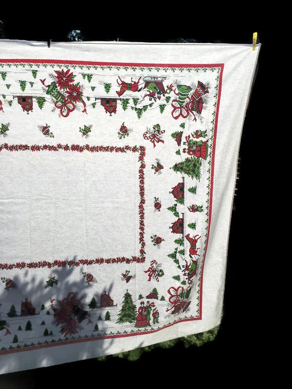 Vintage Christmas Tablecloth White Cotton 69"x54"