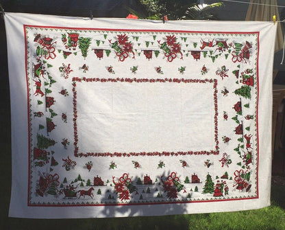 Vintage Christmas Tablecloth White Cotton 69"x54"
