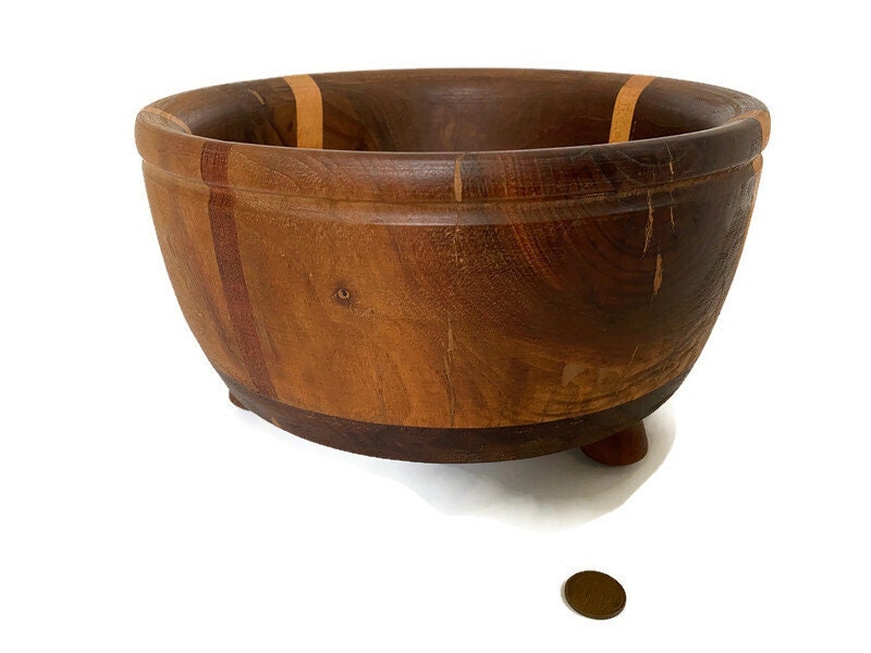 Vintage Turned Walnut and Maple Wood Footed Bowl