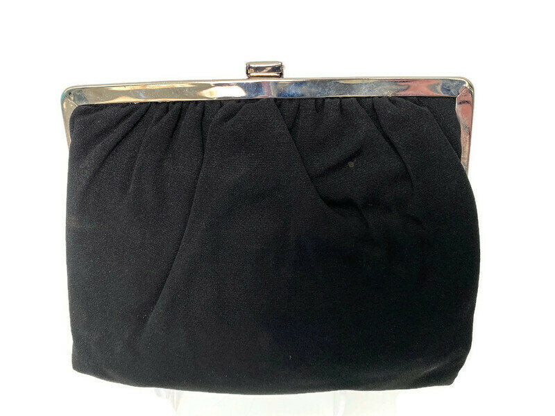 Vintage Black Purse -  Silver Hinged Frame and Folding Handle