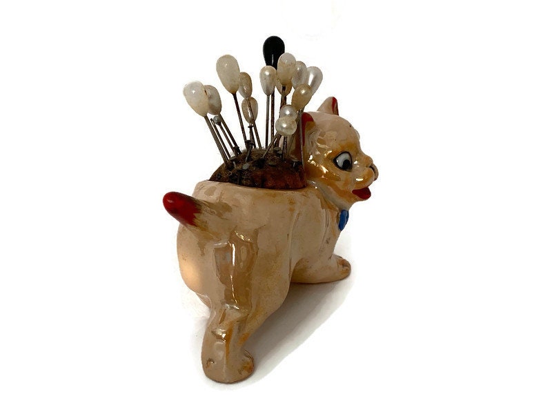 Vintage Ceramic Lusterware Cat Pincushion