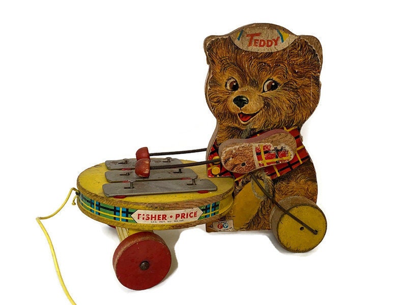 Vintage Fisher Price Teddy Zilo Wood Pull Toy