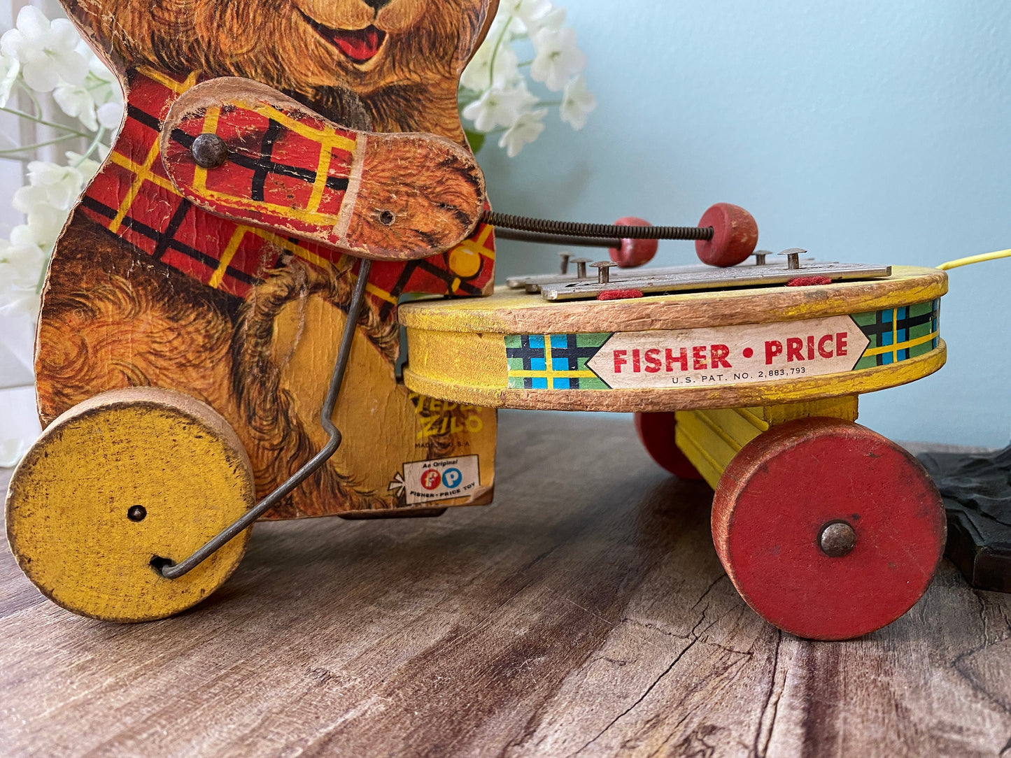 Vintage Fisher Price Teddy Zilo Wood Pull Toy