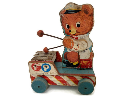 Vintage Fisher Price Tiny Teddy Wood Pull Toy