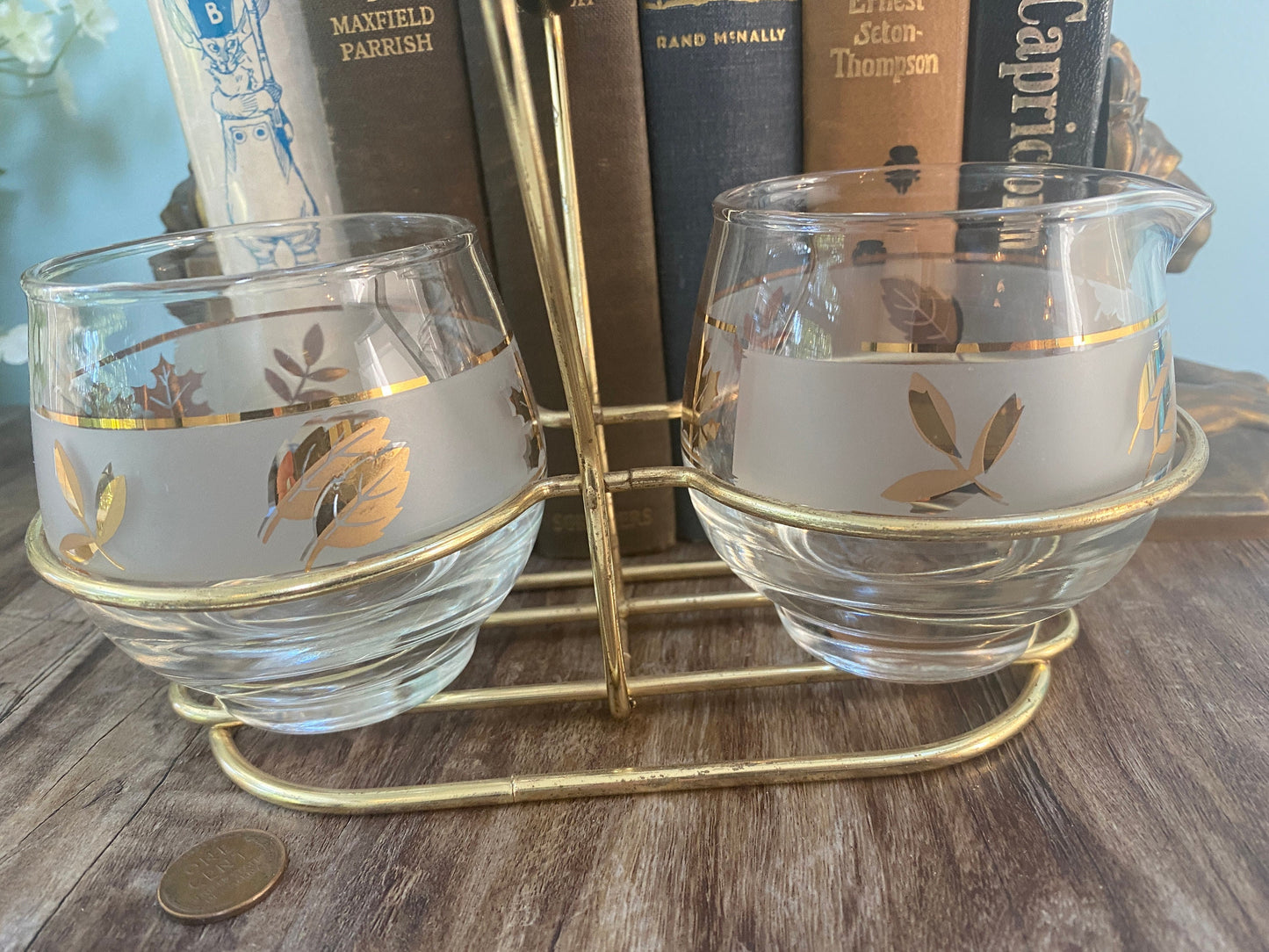 Midcentury Libbey Glass Frosted Gold Leaf Sugar & Creamer