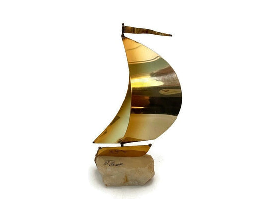 Mid Century Sailboat Brass and Stone Sculpture by DeMott
