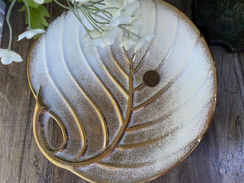 Mid Century Gold and White Ceramic Leaf Plate