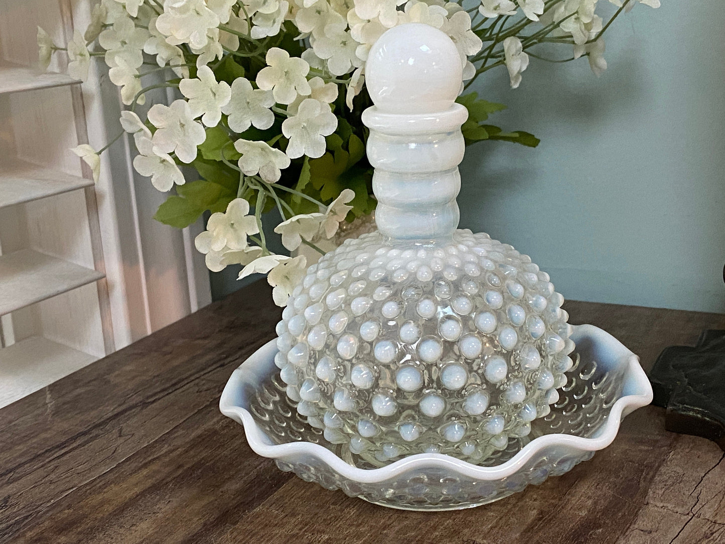 Vintage Fenton Hobnail Opalescent Bottle with Bowl