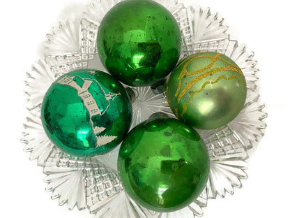 Vintage Glass Christmas Ornaments, Green Holiday Tree Decorations