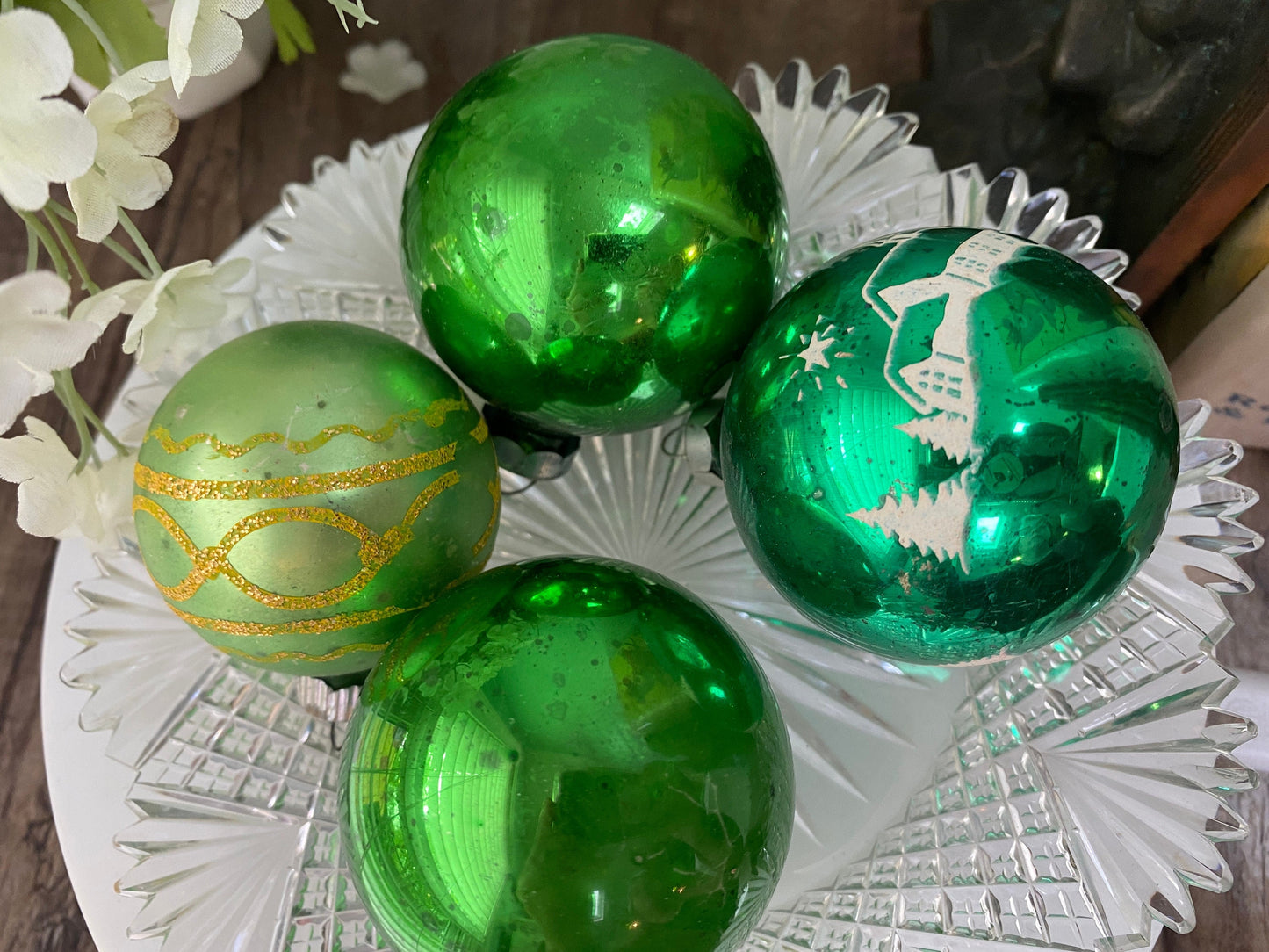 Vintage Glass Christmas Ornaments, Green Holiday Tree Decorations