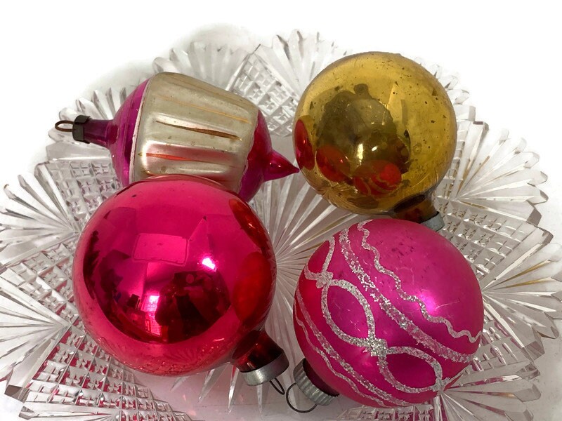 Vintage Pink and Gold Glass Christmas Ornaments