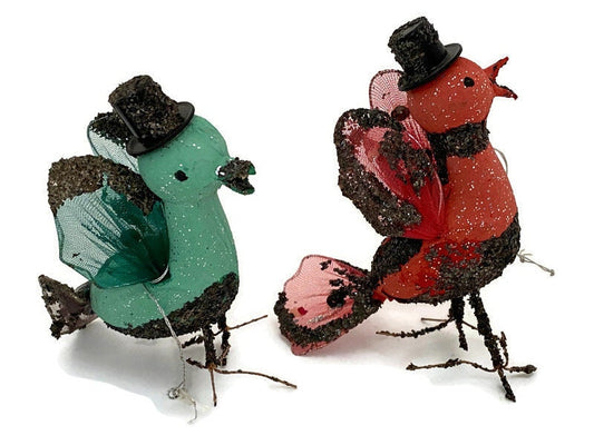 Midcentury Putz Christmas Birds, 1950s Mica Ornaments at Duckwells