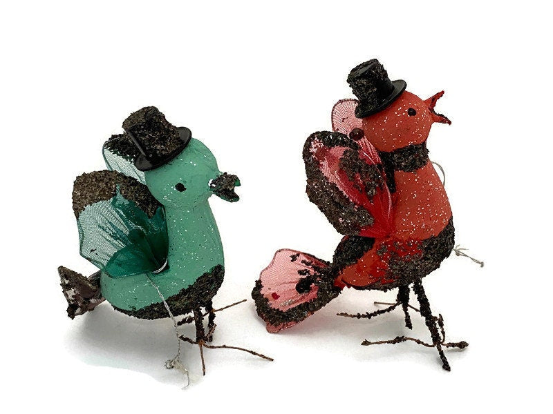 Midcentury Putz Christmas Birds, 1950s Mica Ornaments