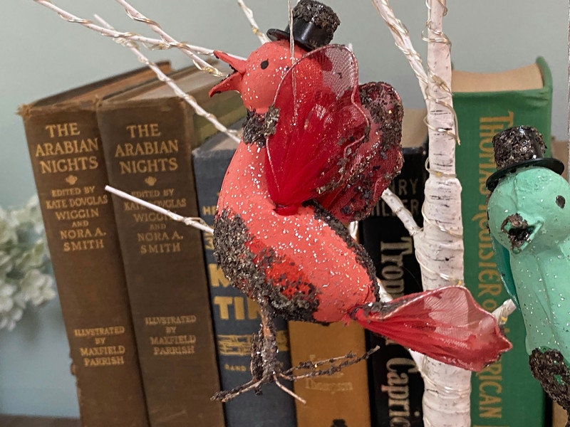 Midcentury Putz Christmas Birds, 1950s Mica Ornaments