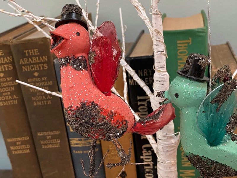 Midcentury Putz Christmas Birds, 1950s Mica Ornaments