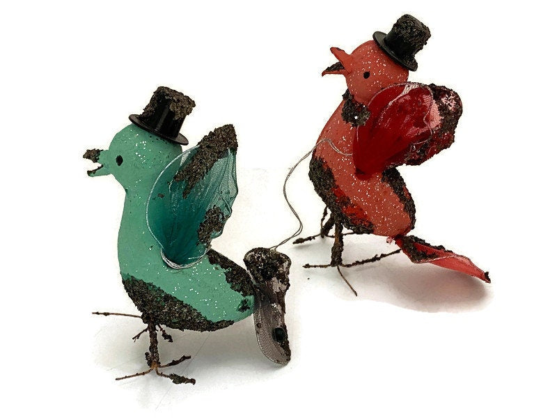 Midcentury Putz Christmas Birds, 1950s Mica Ornaments