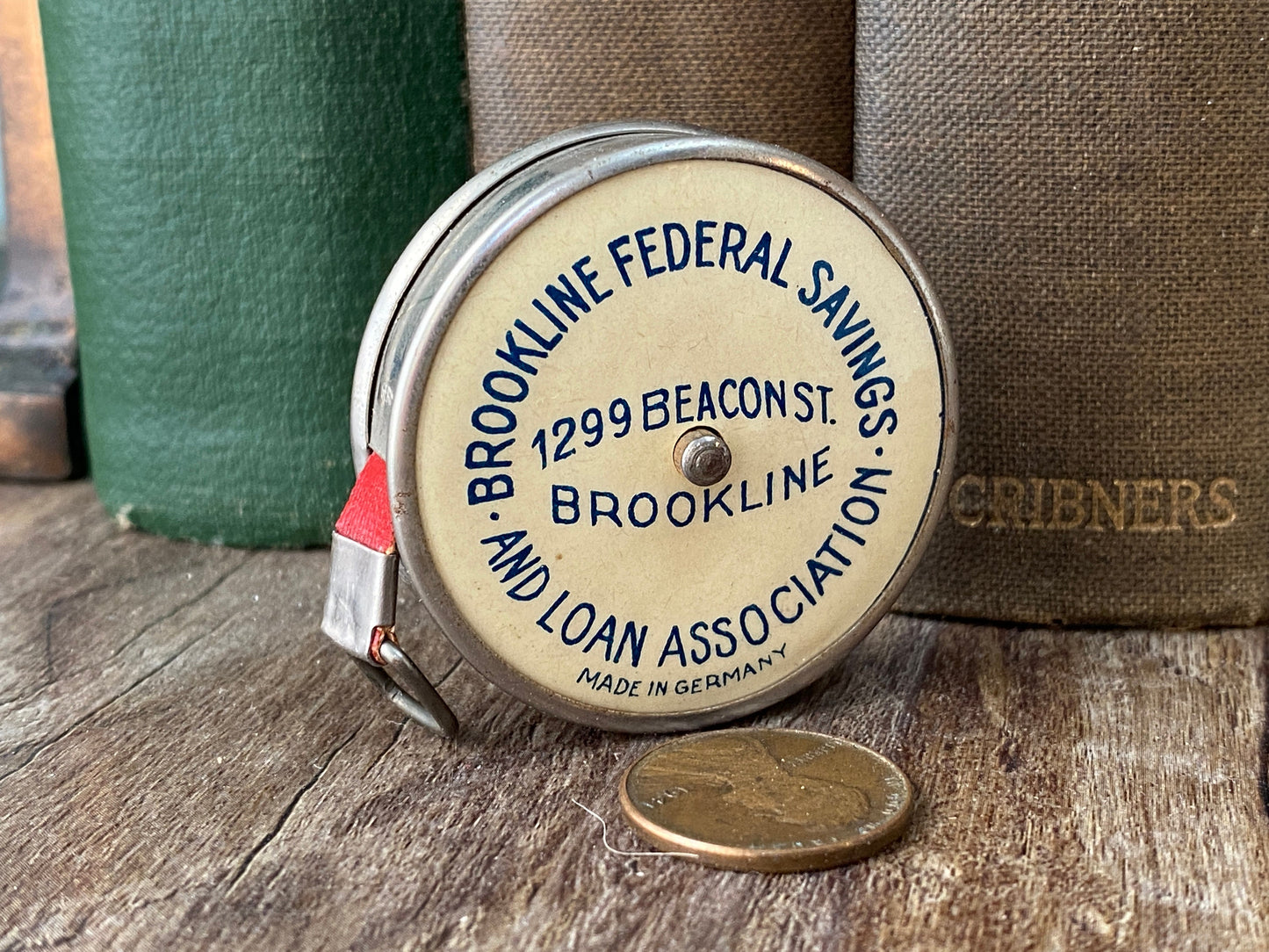 Vintage Brookline Advertising Tape Measure, Celluloid Retractible Made in Germany