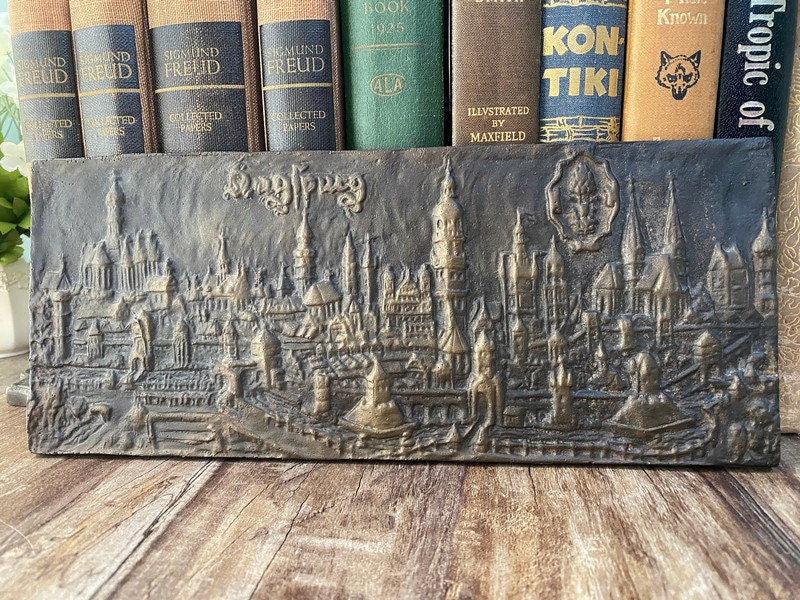 Antique Augsburg Cityscape Cast Iron Plaque