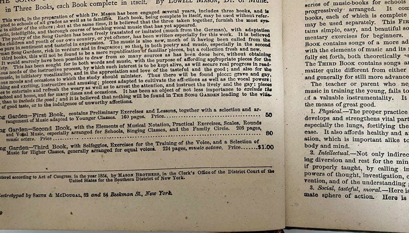 1854 Song Book, The Song-Garden First Book by Lowell Mason