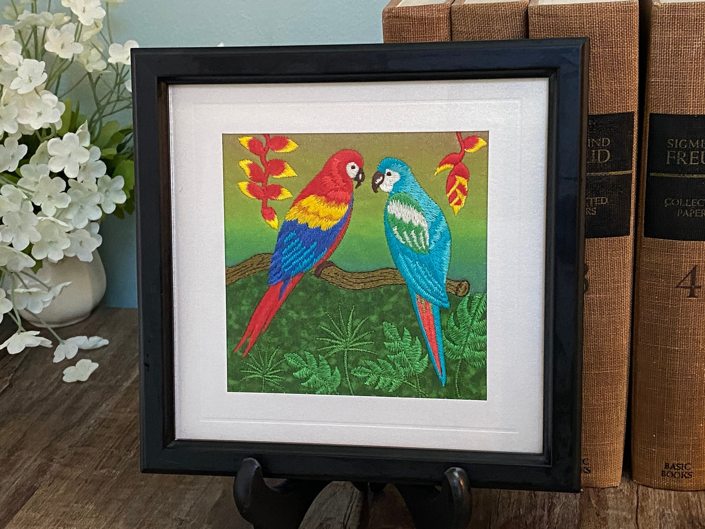 Vintage Framed Embroidered Tropical Bird Wall Art Home Decor