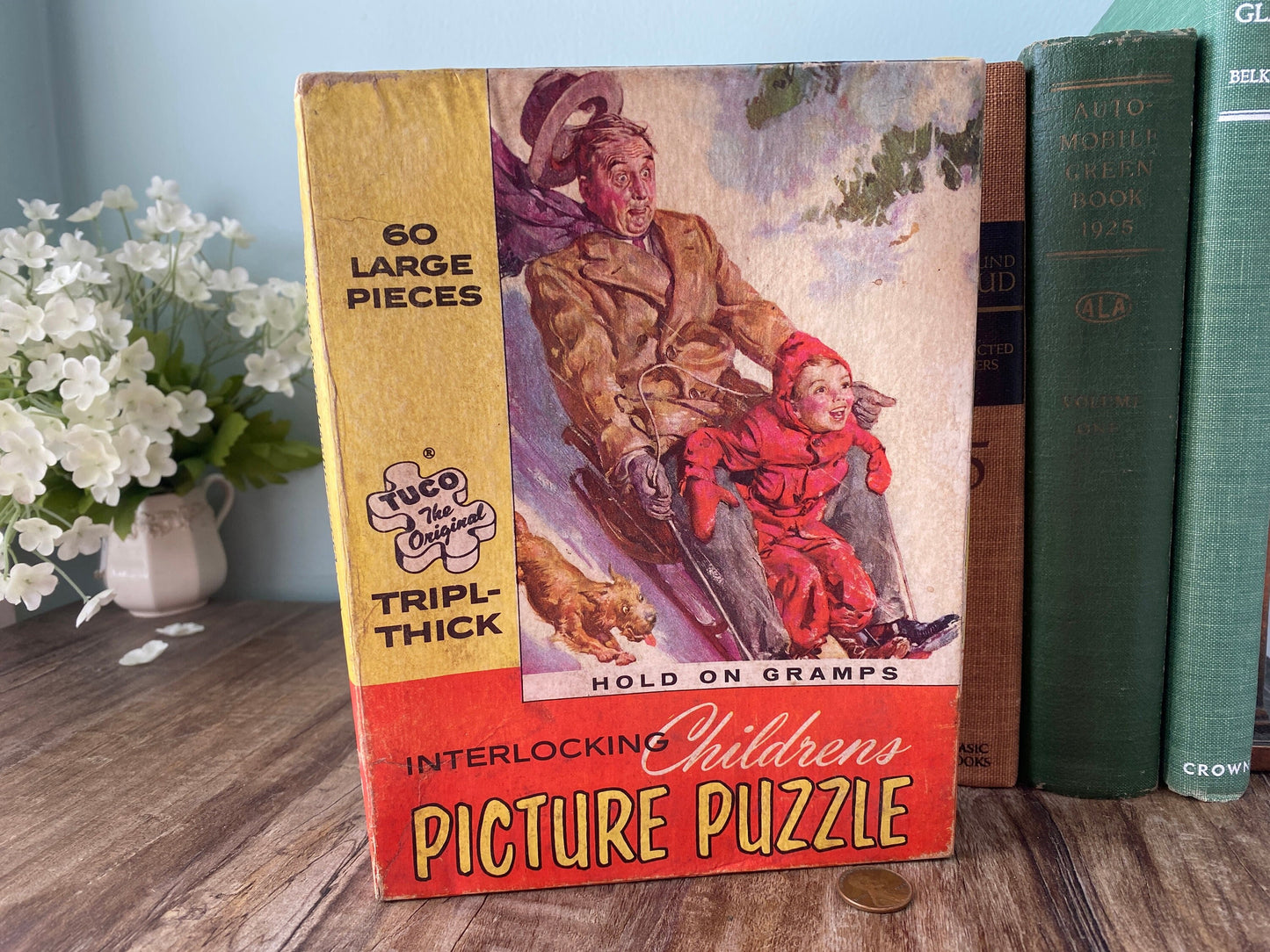 Vintage Tuco Triple-Thick Jigsaw Picture Puzzle, 1940s Hold on Gramps