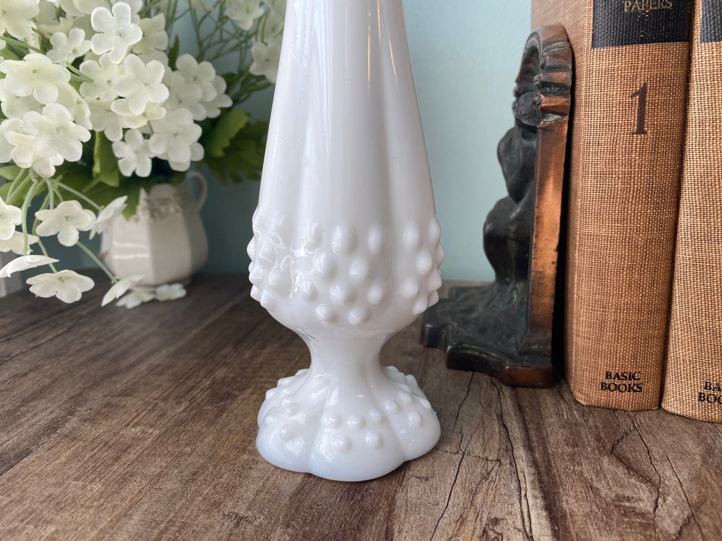 Midcentury Fenton Hobnail Stretch Milk Glass Vase