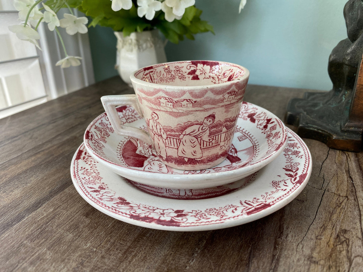 Vintage Staffordshire Demitasse Cup and Saucers in a Chinoiserie Pattern