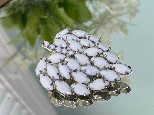 Midcentury White Milk Glass Rhinestone Leaf Brooch Pin