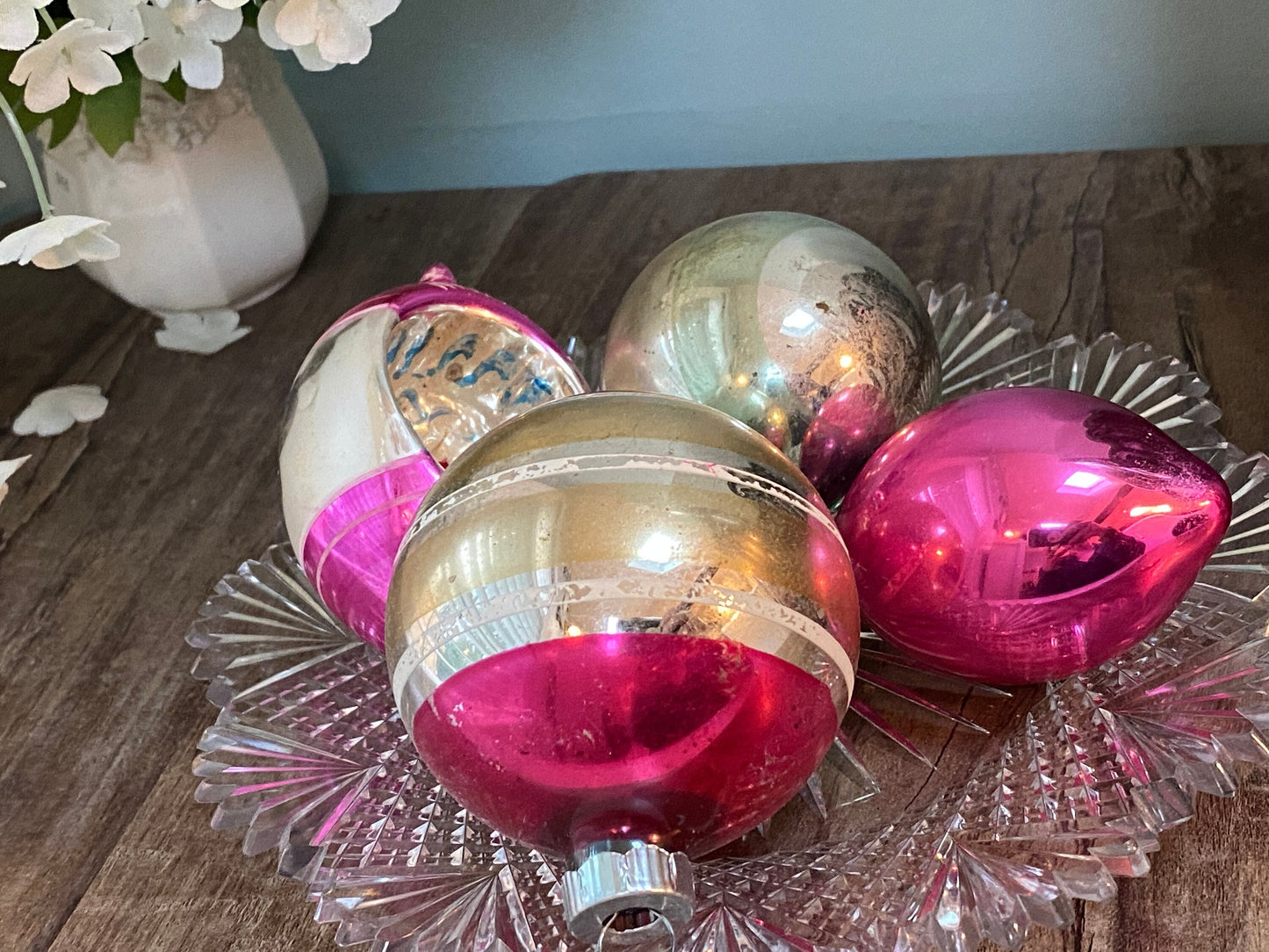 Midcentury Pink Glass Christmas Ornaments