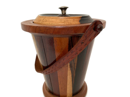1970s Wood Ice Bucket with Tooled Leather Handle