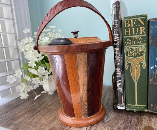 1970s Wood Ice Bucket with Tooled Leather Handle