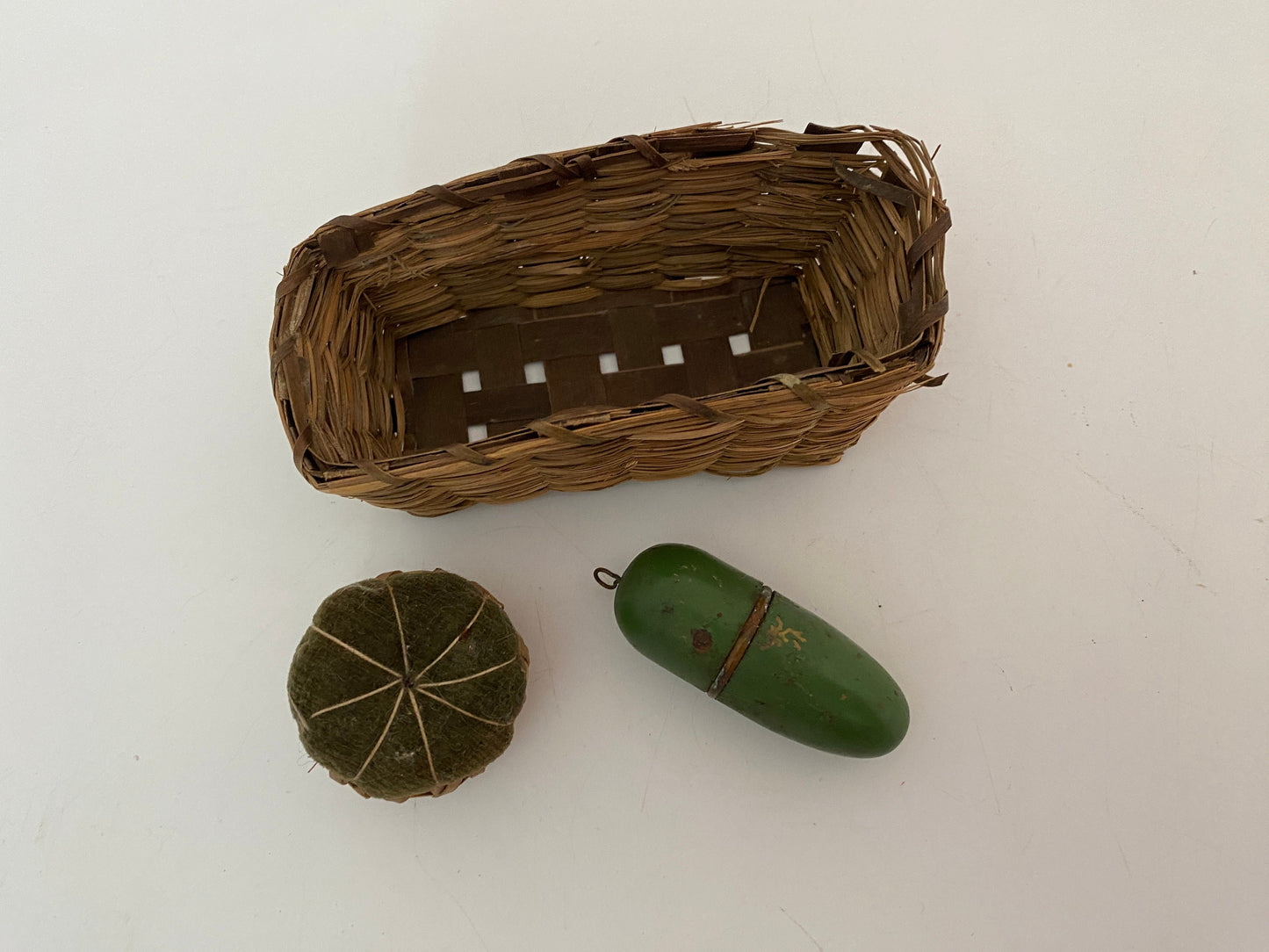 Vintage Small Sewing Basket with Wicker Pin Cushion and German Needle Case