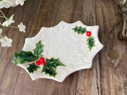Midcentury Christmas Small Lefton Ceramic White Holly Dish