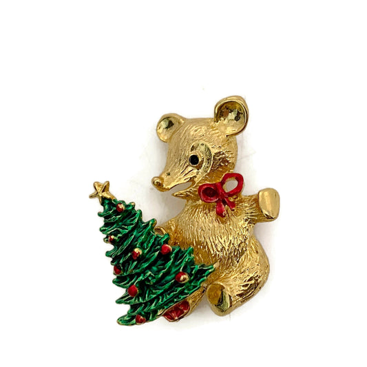 Vintage Christmas Bear holding a Christmas Tree Brooch Pin by SFJ