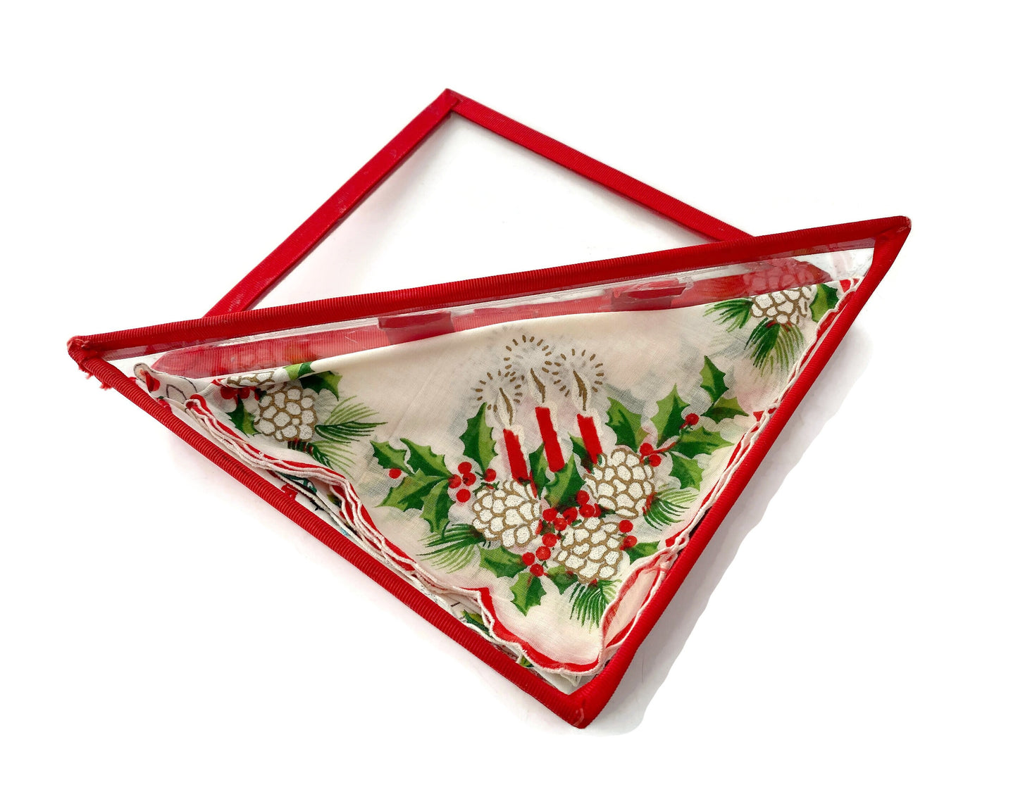 Vintage Glass Handkerchief Holder with Christmas Hankies