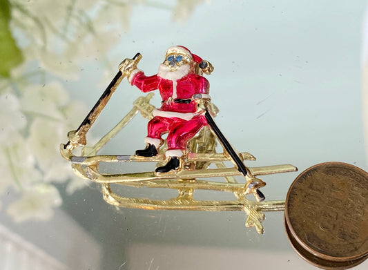 Vintage Christmas Tree Pin Santa on Skis by Beatrix Jewelry