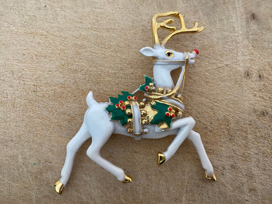 Vintage Large White Reindeer Christmas Pin Brooch