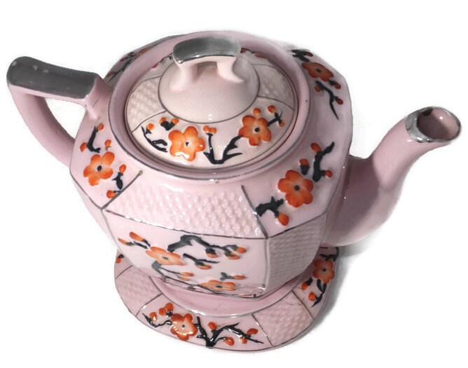 Vintage Asian Teapot with Saucer - Mid Century Ceramic, Floral Motif, Silver Accents, Made in Japan - Duckwells