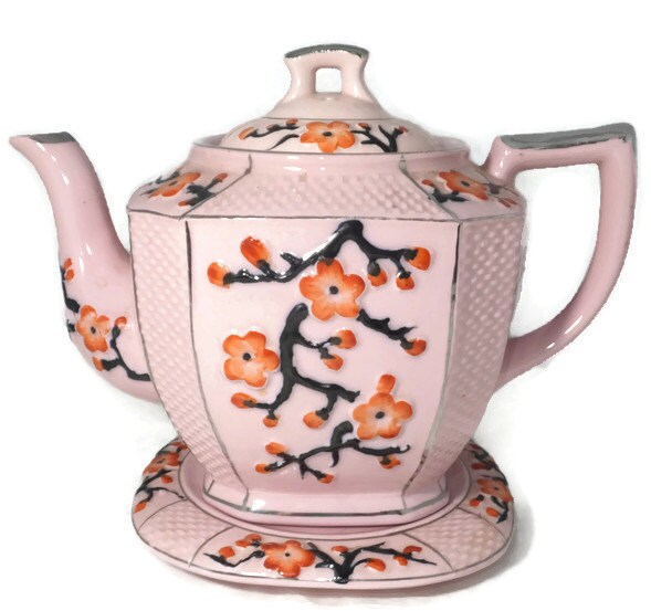 Vintage Asian Teapot with Saucer - Mid Century Ceramic, Floral Motif, Silver Accents, Made in Japan - Duckwells